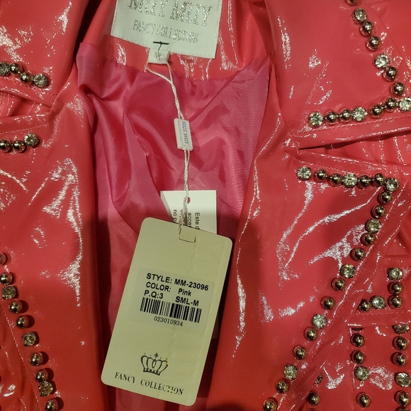 MUY MUY Hot Pink Patent Leather Embelished Rhinestone Cropped Motorcycle Jacket - Picture 7 of 7